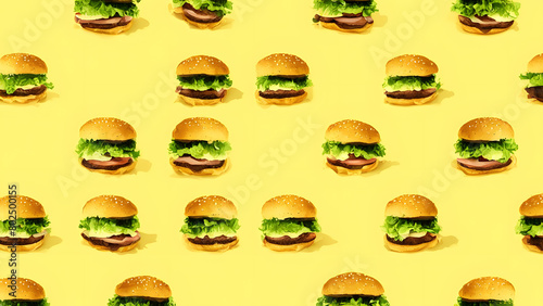 Seamless pattern of hamburgers on a yellow background