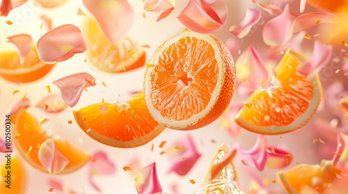 photorealistic mandarin oranges and rose petals in vibrant floating arrangement