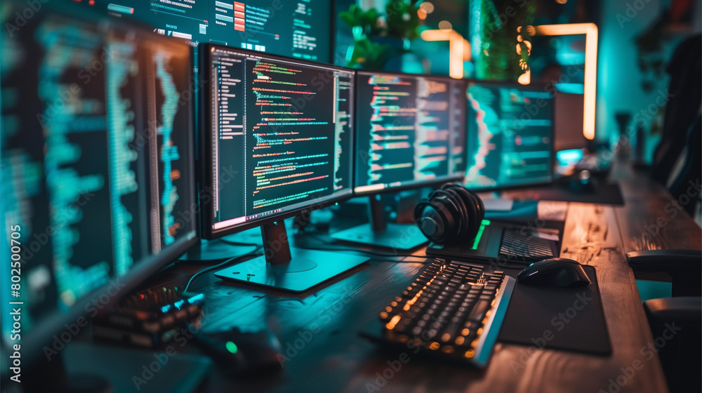 Row of Computer Monitors on Desk