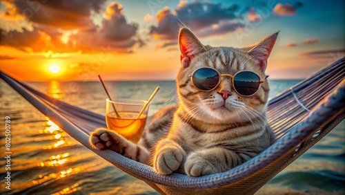 cat in glasses with a cocktail in a hammock against the backdrop of the sea coast and sunset. Resort holiday concept #802500789