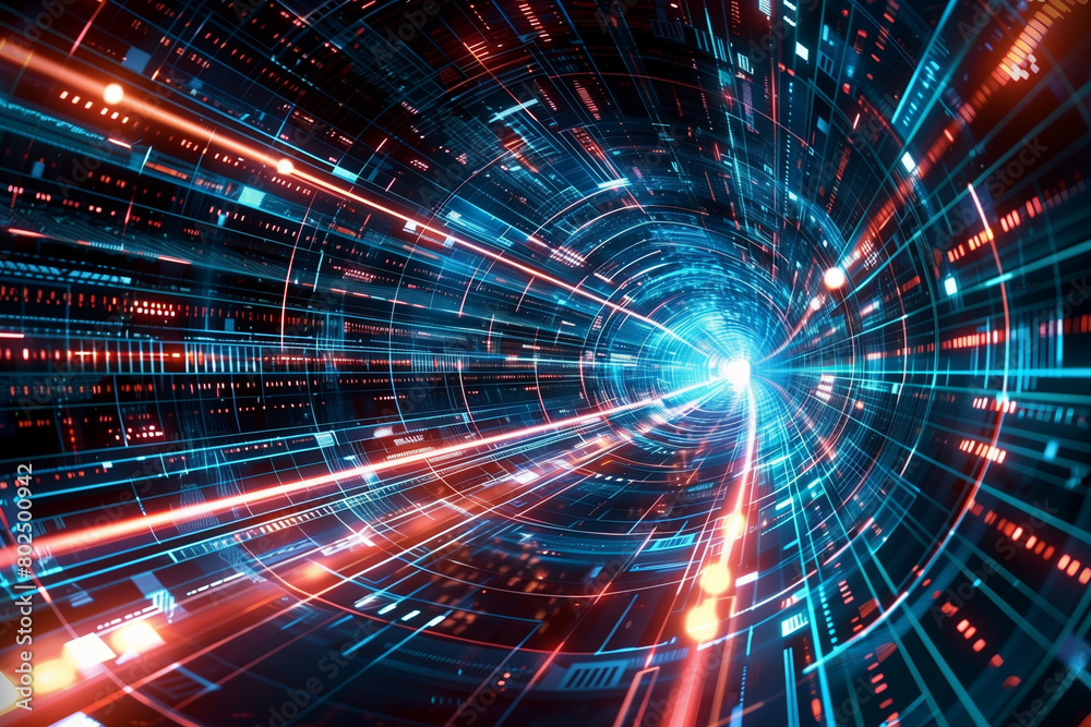 Vibrant Blue and Red Tunnel Lit With Numerous Lights Vibrant Blue and Red Tunnel Lit With Numerous Lights