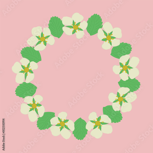 Round frame made of strawberry's hand drawn flower and leaf, isolated on pink background (backdrop). 