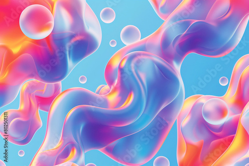 An iridescent, holographic backdrop with floating metaballs and gradient touches, creating a serene, fluid-like reflection of colors and shapes (ID: 802501311)