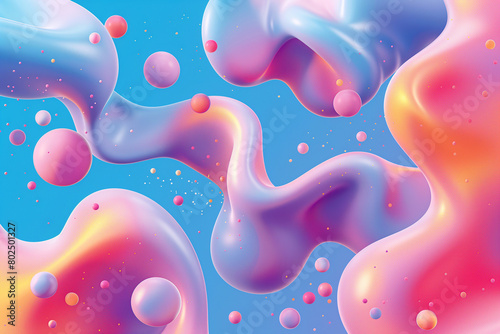 Trendy background featuring 3D metaball shapes with a holographic gradient. Colorful and vivid drops float, rendering an iridescent and decorative liquid dreamscape (ID: 802501327)