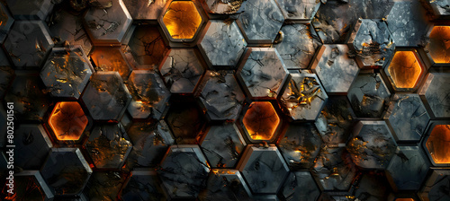 An HD photo capturing a pattern of intricate hexagons in metallic tones, giving a futuristic feel photo