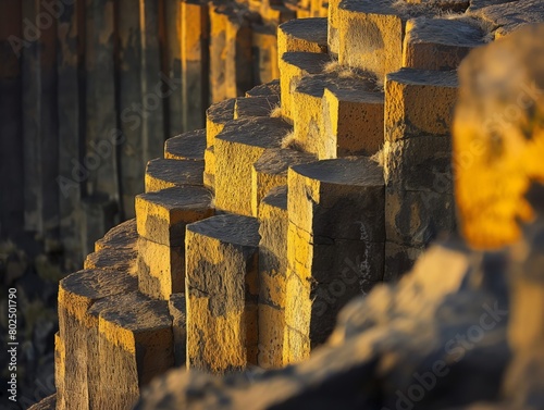Sunlight bathes basalt columns in a warm, golden glow, highlighting the geometric nature of this volcanic rock formation.