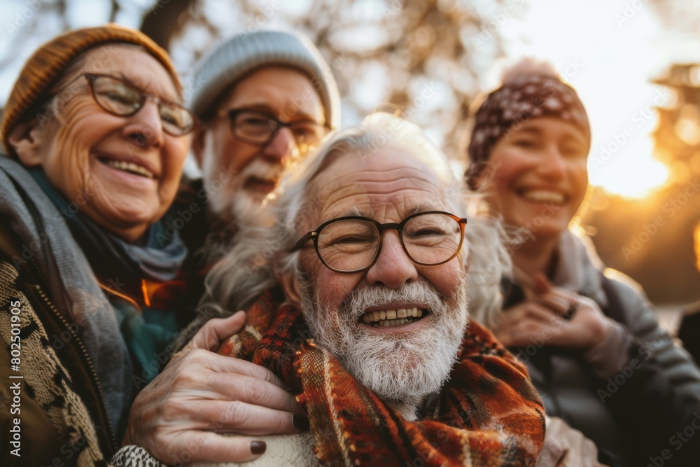 Group of senior friends having fun in the park. They are wearing warm clothes and smiling.