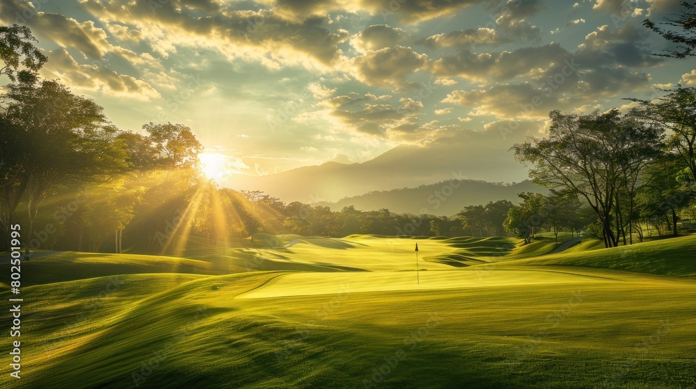 evening golf course has sunlight shining down at golf course