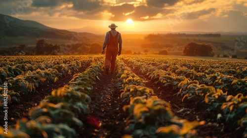 A man in a hat walks through a field of crops