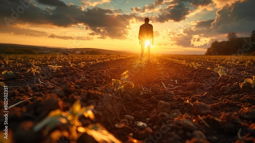 A man stands in a field at sunset, looking out over the land