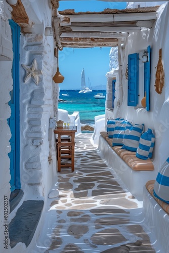 A whitewalled alley in Mykonos, with blue window frames and blue accents, overlooking the sea with sailboats on it. A rustic wooden table and white walls with stripes of soft colors. photo