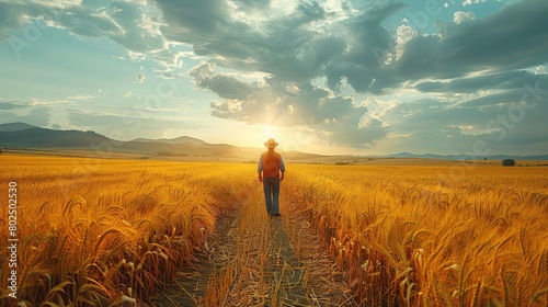 A man is walking through a field of tall golden wheat