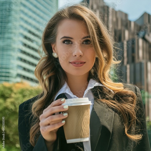 Geschäftsfrau mit Becher in der Hand Coffee to go vor Hochhäusern mit braunen Haaren Ohrringen und Blazer in schwarz