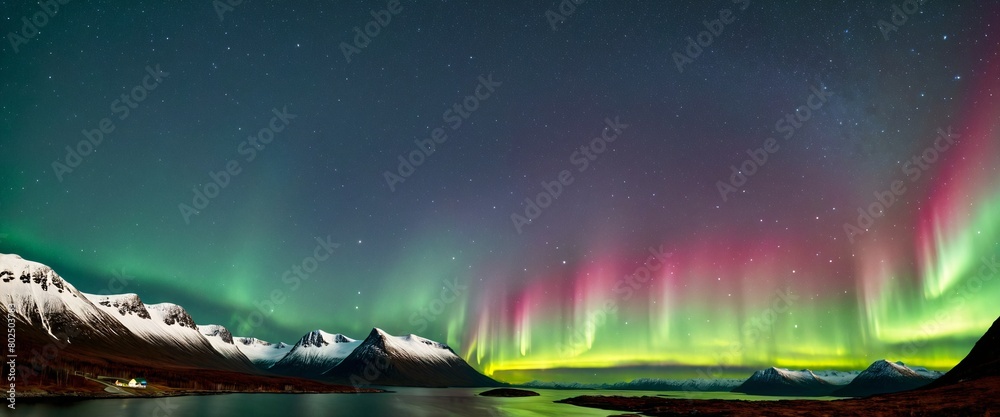 starry night sky in Norway, with a green glow beginning to illuminate the sky. person gazing in wonder Northern Lights above, creating magical colorful patterns