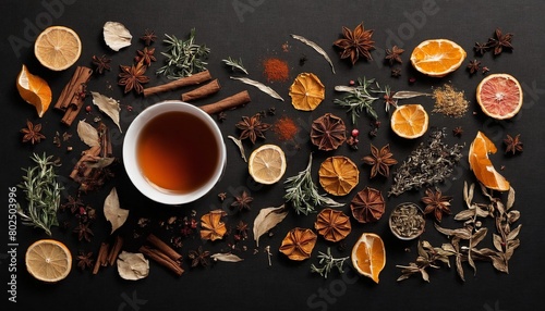 Cup of aromatic tea with spices, herbs, dried fruit orange slices. Top view. Generated AI