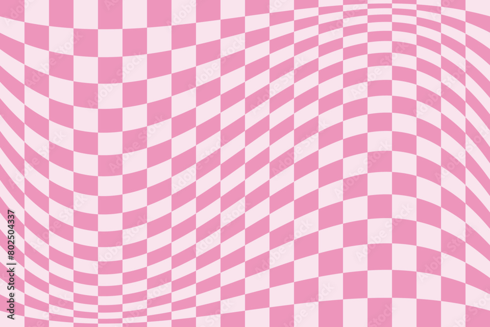 Groovy wavy pink white chessboard pattern. Retro 60s 70s 2000s psychedelic Y2k backgrounds. Vector.