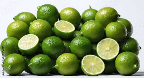 Green lime fruits with cut halfes on white photo