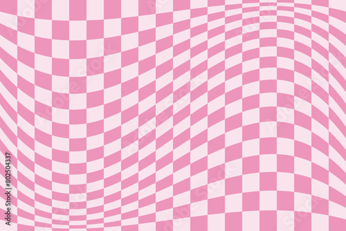 Groovy wavy pink white chessboard pattern. Retro 60s 70s 2000s psychedelic Y2k backgrounds. Vector.