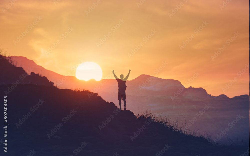 Joyful Person Raising Arms morning in Rural mountain setting Under Summer Sunlight