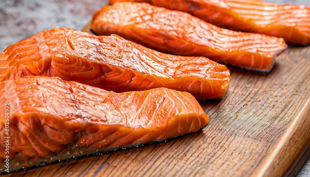 macro photo of cooked red salmon meat on a kitchen wooden board macro photo of cooked red salmon meat on a kitchen wooden board