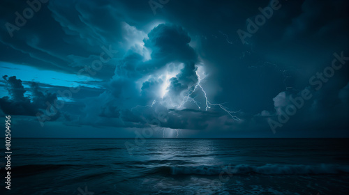 Dramatic ocean storm with intense lightning over dark seas