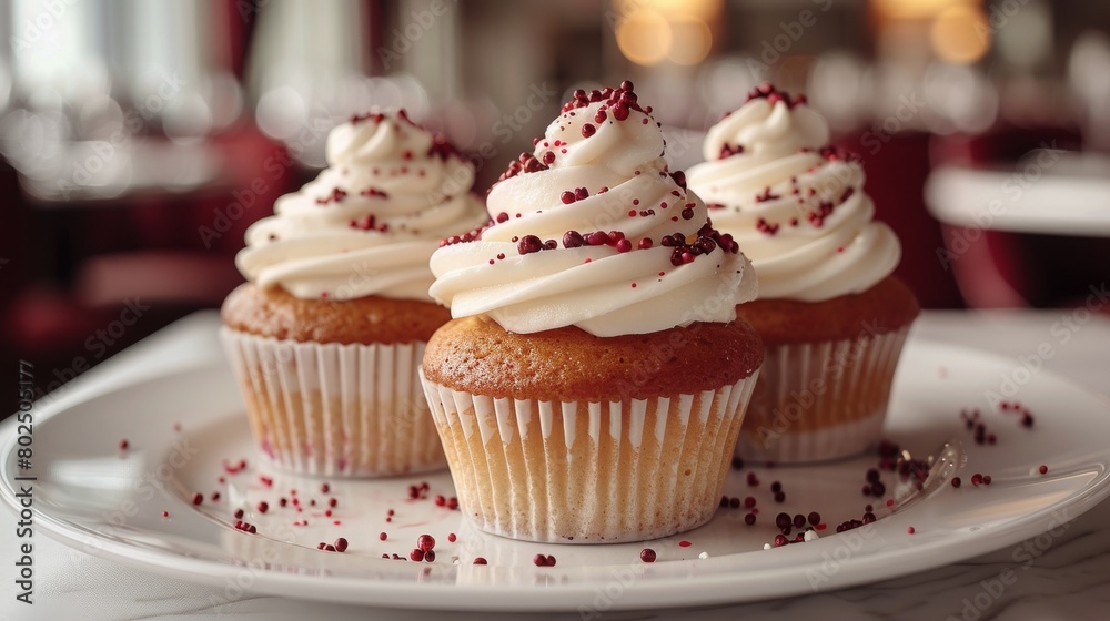 Three cupcakes with white frosting and red sprinkles on a white plate