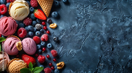 Summer ice cream flavors with fresh fruit salad, assorted berries, nuts, sugar cones and a scoop as a border on textured slate with copy space photo