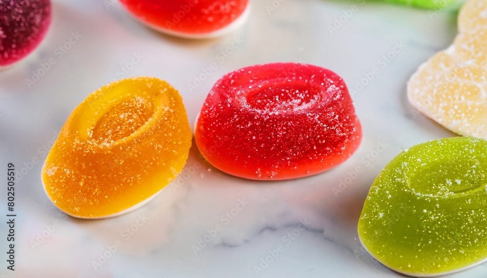 macro shot of jelly candies on white marble table macro shot of jelly candies on white marble table