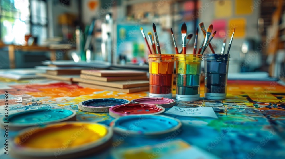 A table with a variety of paint colors and brushes