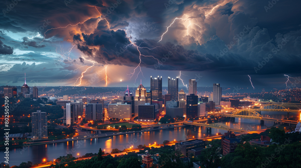 Electric storm over cityscape with dramatic lightning and illuminated skyline