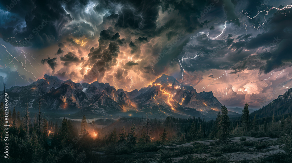 Landscape with intense lightning storm over canyons