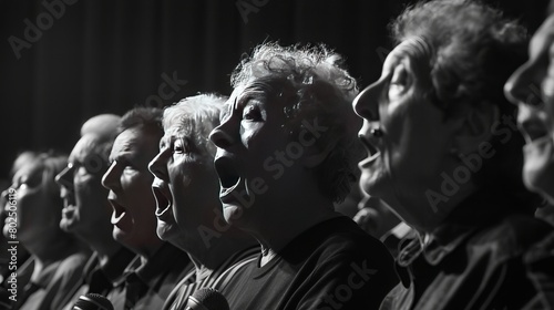 The Symphony of Voices  A black-and-white photograph captures a choir of individuals with speech impairments  their voices rising in unison.