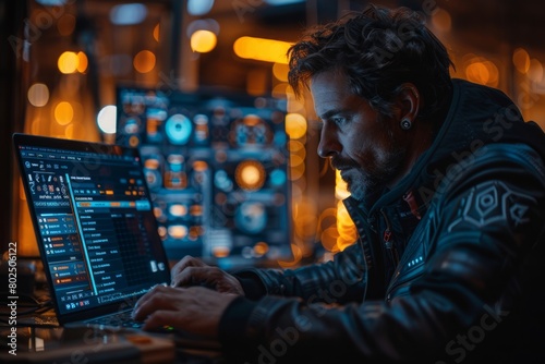 Man sharing laptop in dark room for nighttime entertainment event © Vladimir