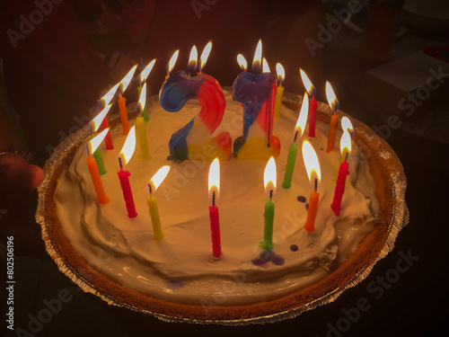 Canvas Print Twenty-first birthday pie with lit candles