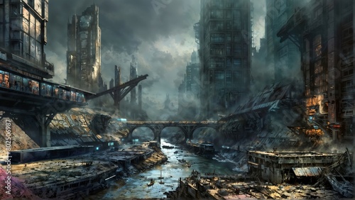A decrepit futuristic city with towering structures, a dilapidated bridge, and a murky river under a gloomy sky