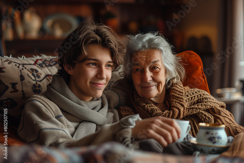 Joyful Son Sharing a Warm Moment With His Elderly Mother at Home During the Day