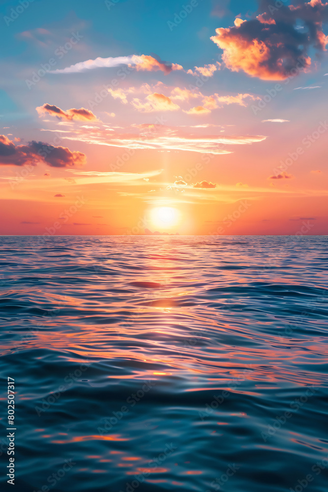 An inspiring illustration for International Day of Peace featuring a sunrise over a calm ocean, symbolizing a new dawn of peace and hope.