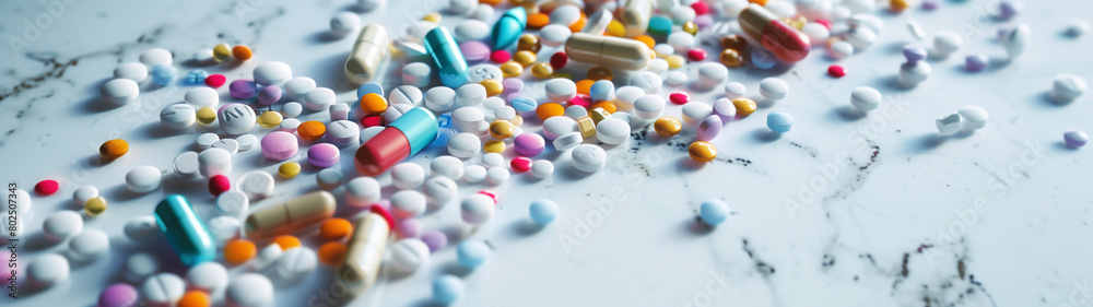 pills on a marble slab symbolizing the consumption of medication, created with generative AI technology pills on a marble slab symbolizing the consumption of medication, created with generative AI technology