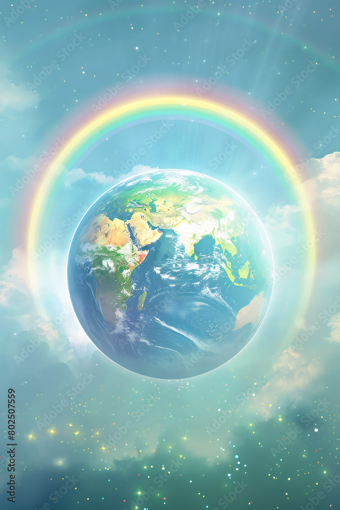A hopeful illustration for International Day of Peace featuring a rainbow arching over the globe, symbolizing diversity, harmony, and the promise of a peaceful future.