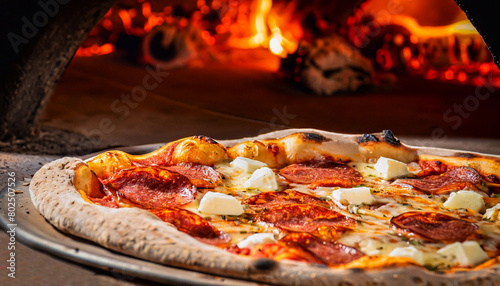 macro photo of pizza in a wood-fired oven with light smoke