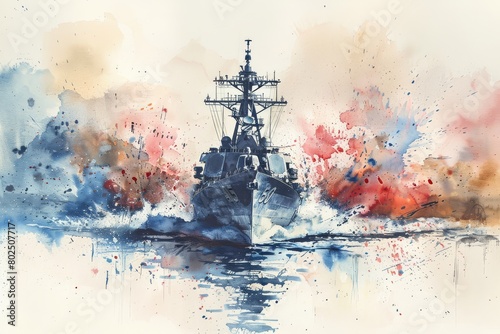 NATO warships. North Atlantic Alliance air destroyer warship watercolor paint Illustration. Military naval ship