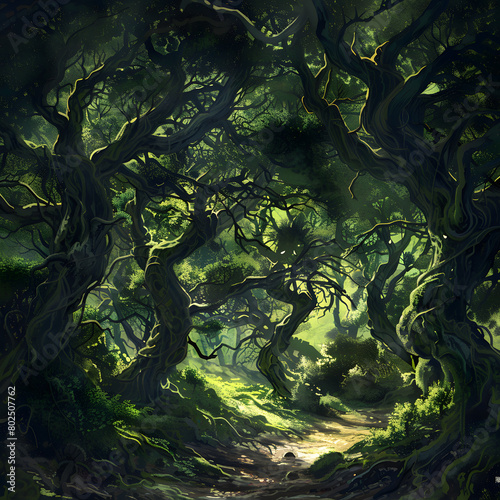 dark forest with twisted trees