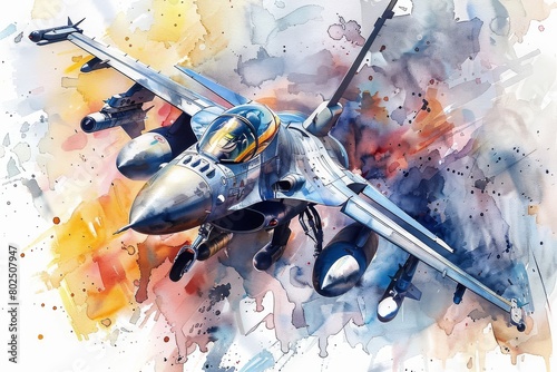 Fighter aircraft. NATO air fighter watercolor Illustration. North Atlantic Alliance NATO aircraft Fighter watercolor paint Illustration. Military fighter aircraft