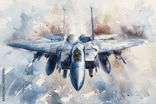 NATO aircraft Fighter watercolor paint Illustration. North Atlantic Alliance Military fighter aircraft