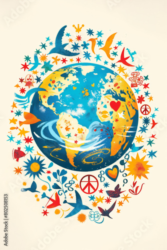 A symbolic illustration for International Day of Peace featuring a globe surrounded by peace symbols and diverse cultural elements, promoting global harmony.