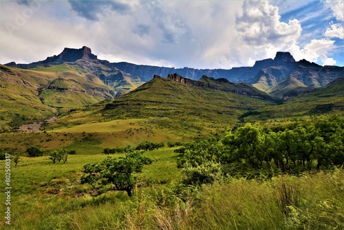 Drakensberg Amphitheatre - geographical feature more than 5 kilometres in length with precipitous cliffs rising 1,220 metres along its entire length (Royal Natal National Park, South Africa) photo