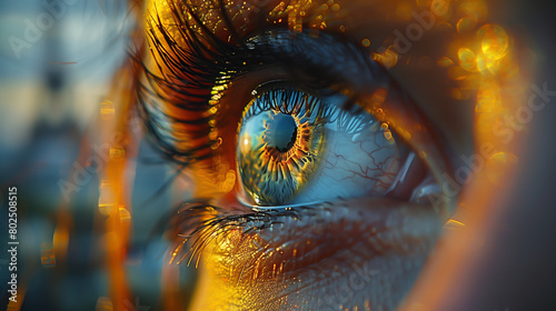 Close-up of a girl's eye illuminated by bright light. (ID: 802508515)