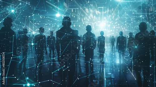The Human Matrix: A futuristic scene featuring a group of workers connected by glowing lines, symbolizing the interconnectedness and interdependence within a team. photo