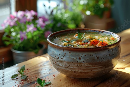 A plantinspired soup in a flowerpot sits on the table photo