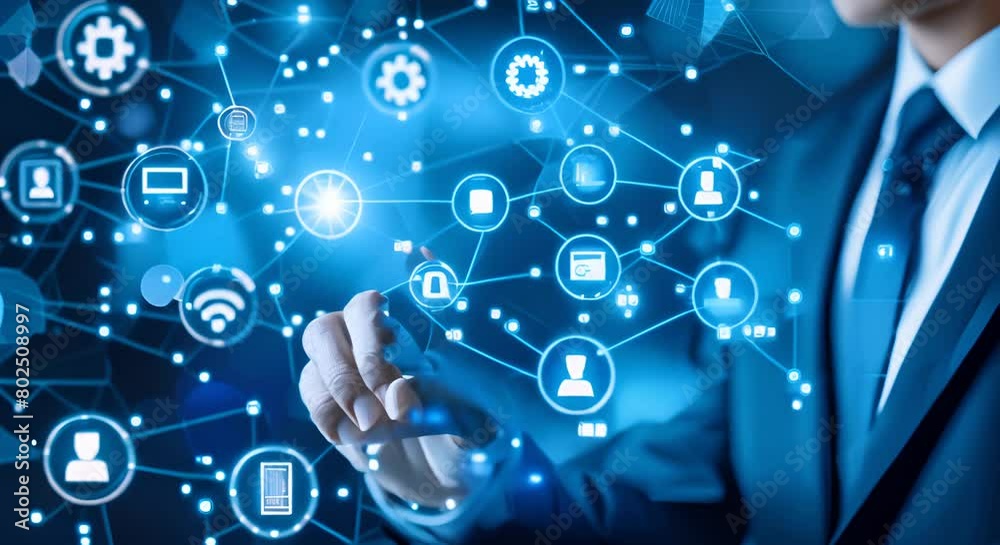 Digital marketing, Global business, business strategy concept. Businessman touching on global network with technology icons.